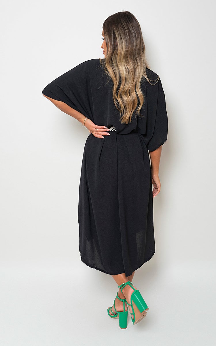 Button Down Collared Midi Dress with Two Front Pockets - Lolomo!