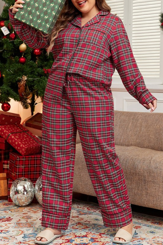 Plus Size Christmas Plaid Shirt and Pants Set