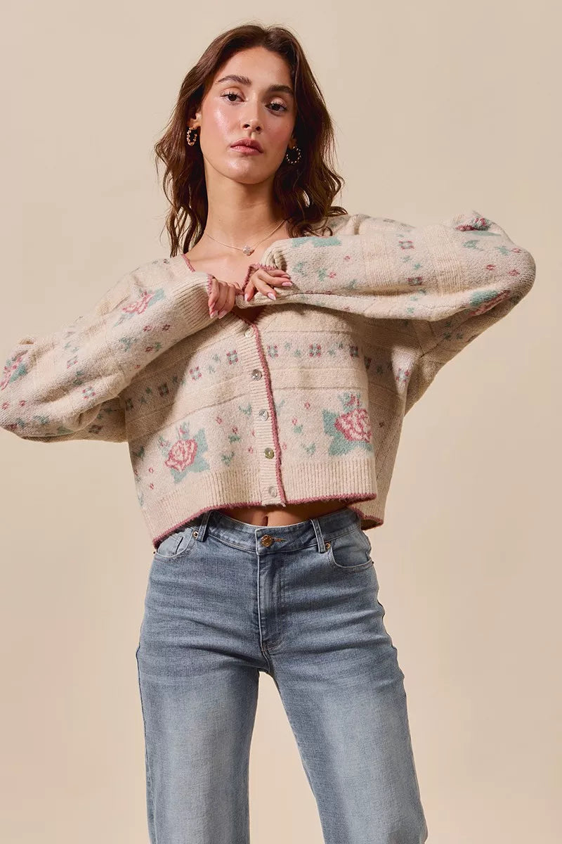 SO ME Floral Pattern Long Sleeve Button Sweater Cardigan in Beige