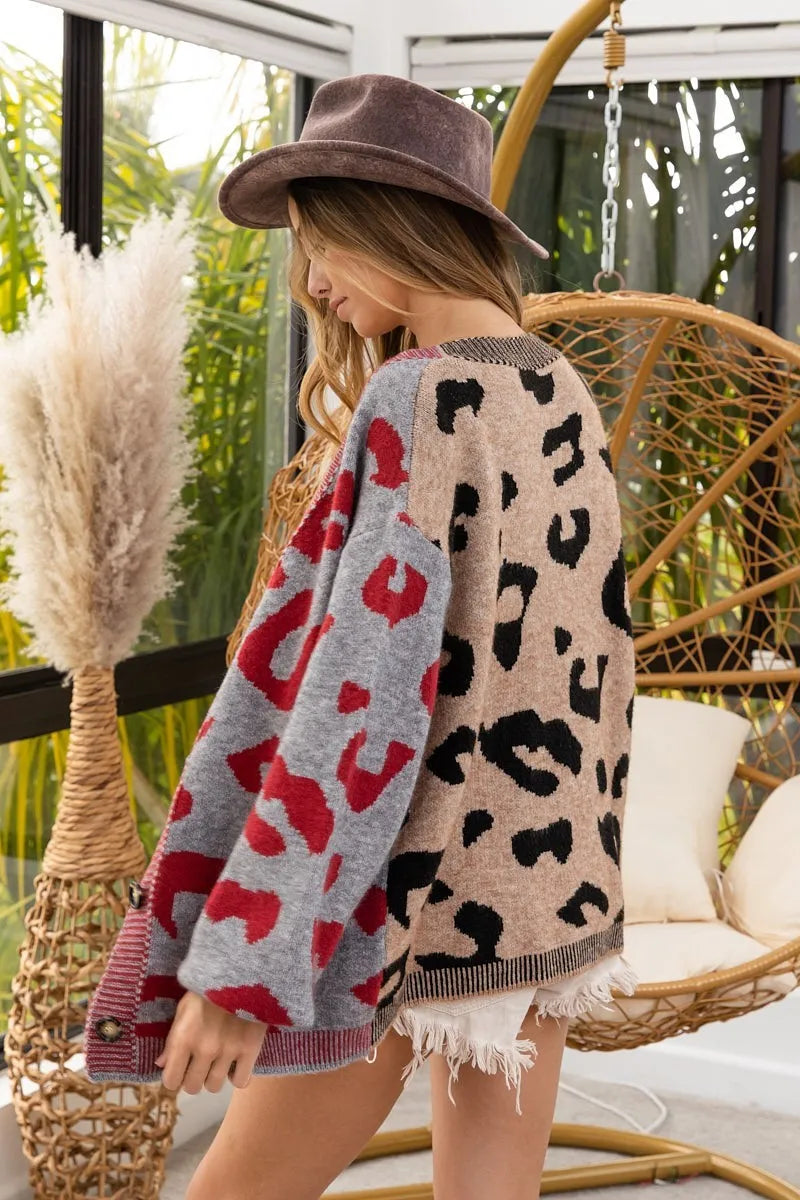 BiBi Leopard Color Block Button Down Sweater Cardigan in Taupe/Grey