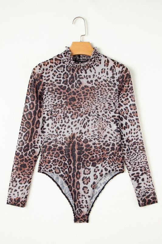 Leopard Mesh Smocked Neck Long Sleeve Bodysuit