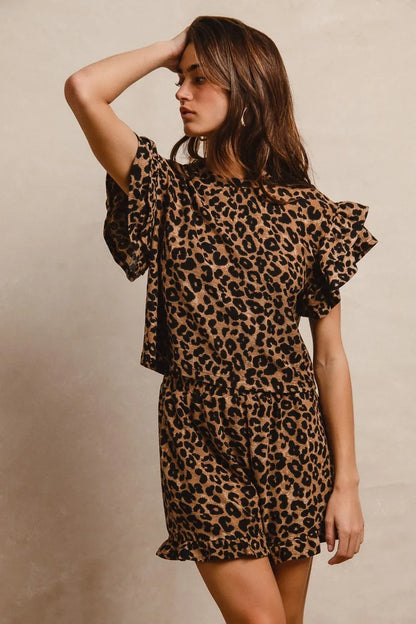 BiBi Leopard Print Waffle Texture Layered Ruffle Sleeve Top and Shorts Set