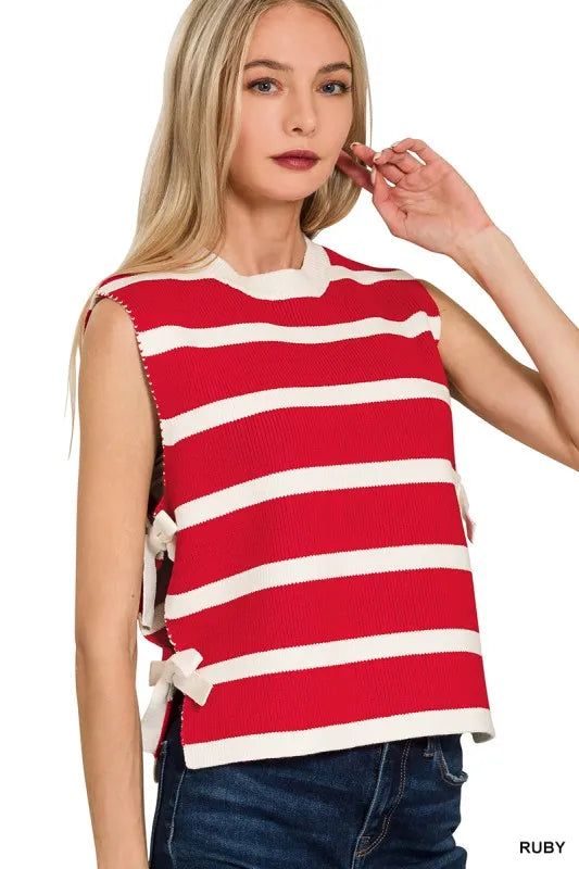 Zenana Side Tie Stripe Sweater Vest in Ruby
