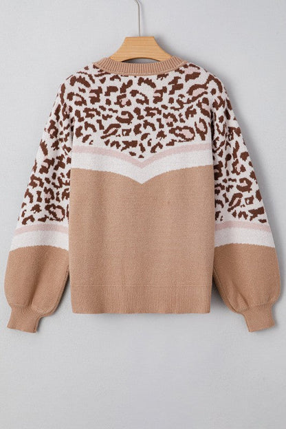 Leopard Colorblock Puff Sleeve Sweater