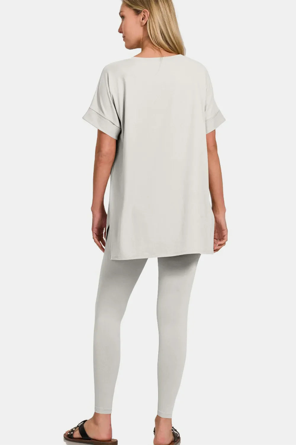 Zenana V-Neck Rolled Short Sleeve T-Shirt and Leggings Lounge Set in Cement