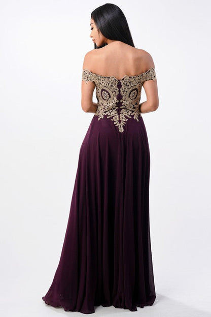 La Scala Off Shoulder Chiffon Gown with Lace Appliques