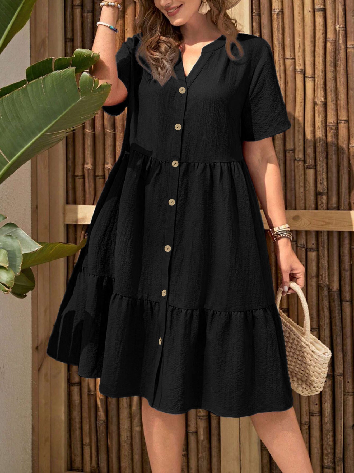 Plus-Size Button-Front V‑Neck Midi Dress