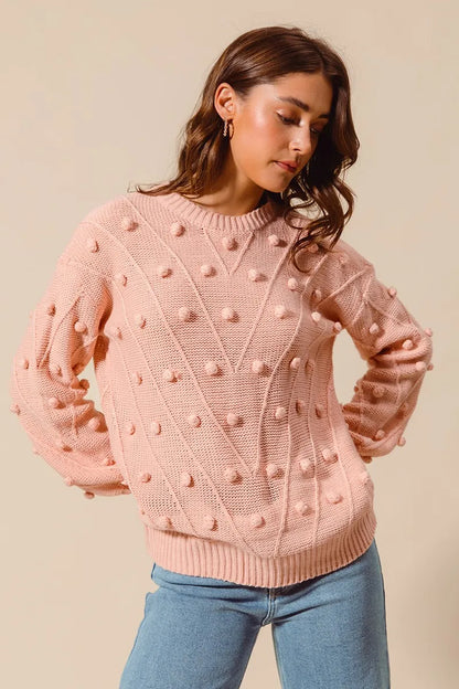 SO ME Pom Pom Textured Knit Sweater Top