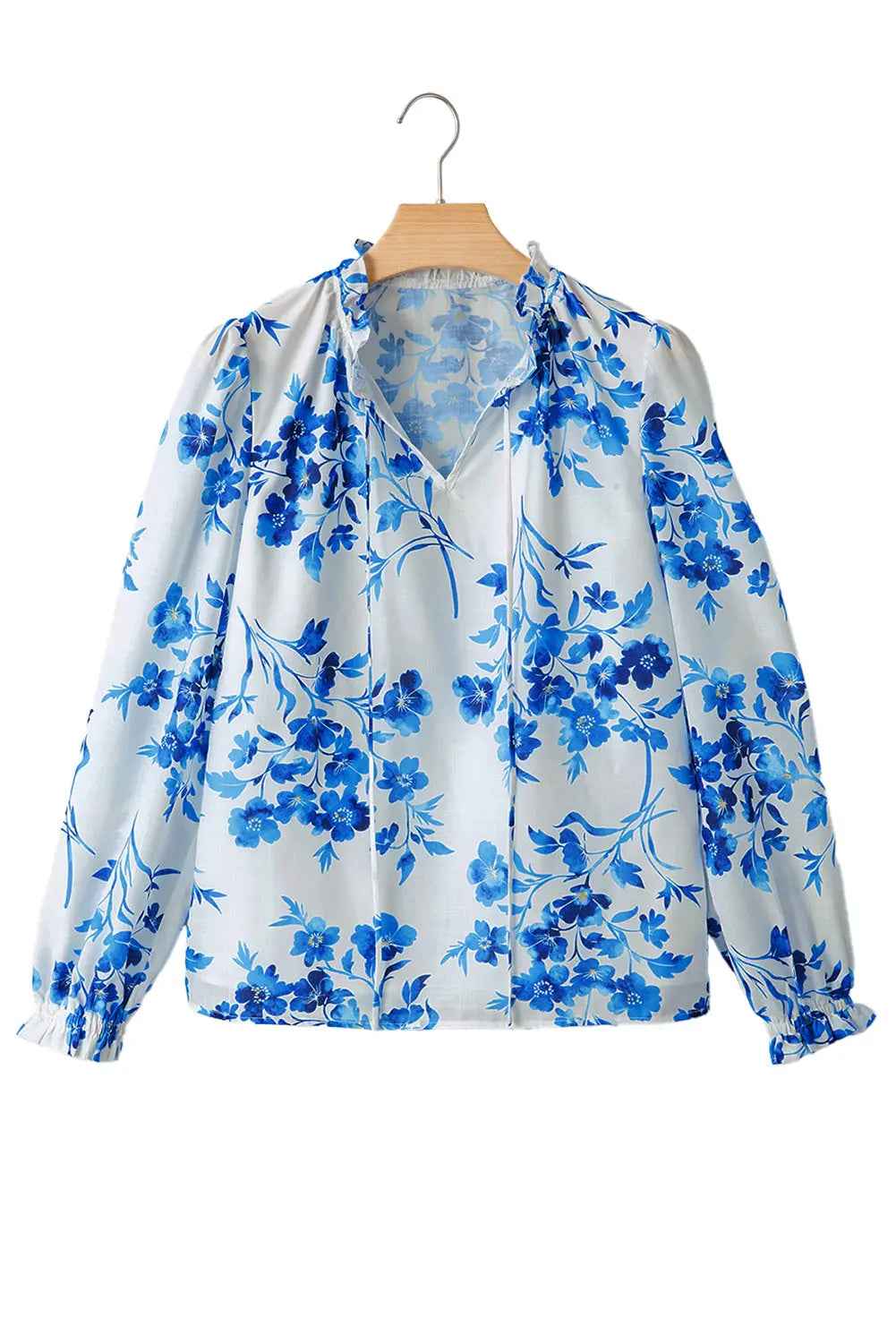 Blue Floral Long Sleeve Lace-up V Neck Blouse