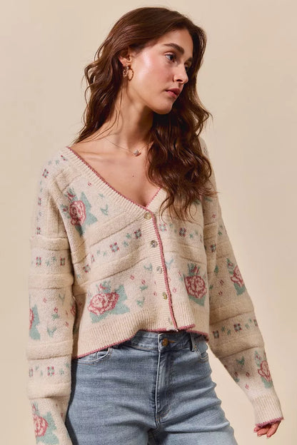 SO ME Floral Pattern Long Sleeve Button Sweater Cardigan in Beige