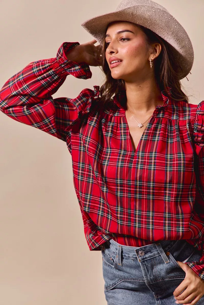 SO ME Christmas Checkered Plaid Smocked Blouse