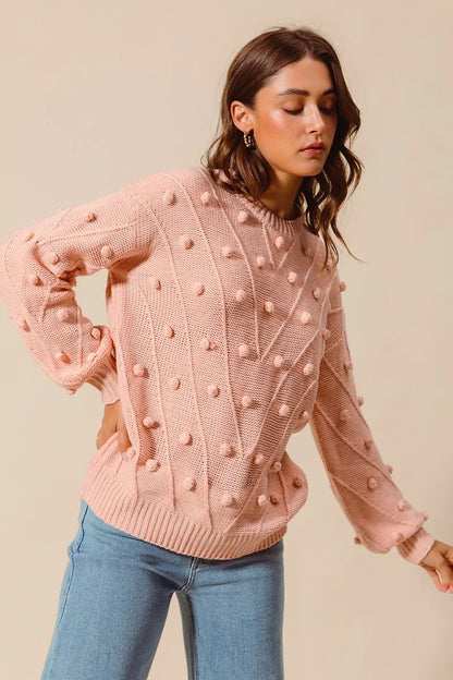 SO ME Pom Pom Textured Knit Sweater Top