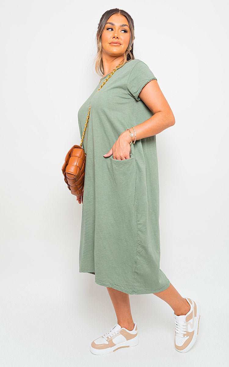 Front Pockets Short Sleeve Midi Dress - Lolomo!