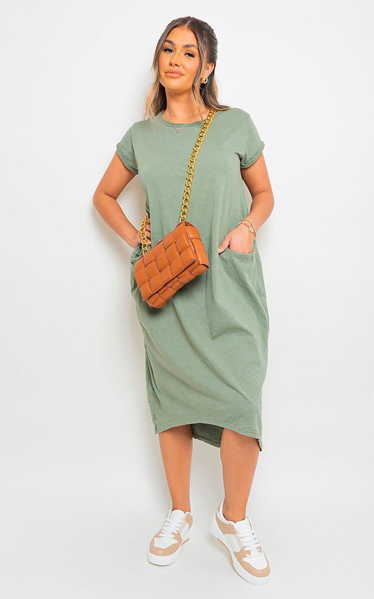 Front Pockets Short Sleeve Midi Dress - Lolomo!