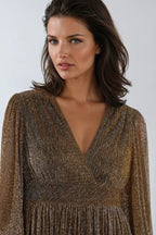 Gold Metallic V - Neck Mini Dress - Lolomo!