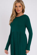 Green Long Sleeve Gathered Waist Dress - Lolomo!