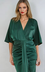 Green Satin Wrap Midi Dress - Lolomo!