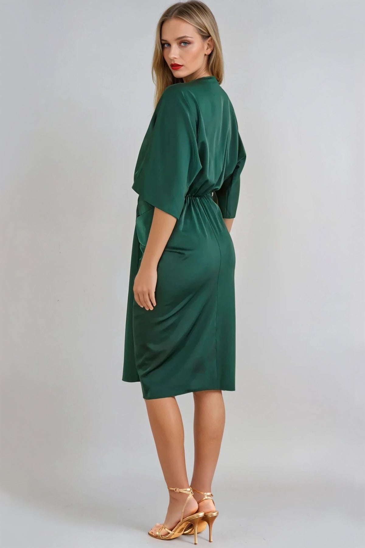Green Satin Wrap Midi Dress - Lolomo!
