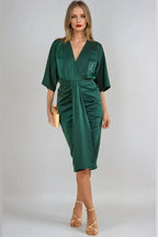 Green Satin Wrap Midi Dress - Lolomo!