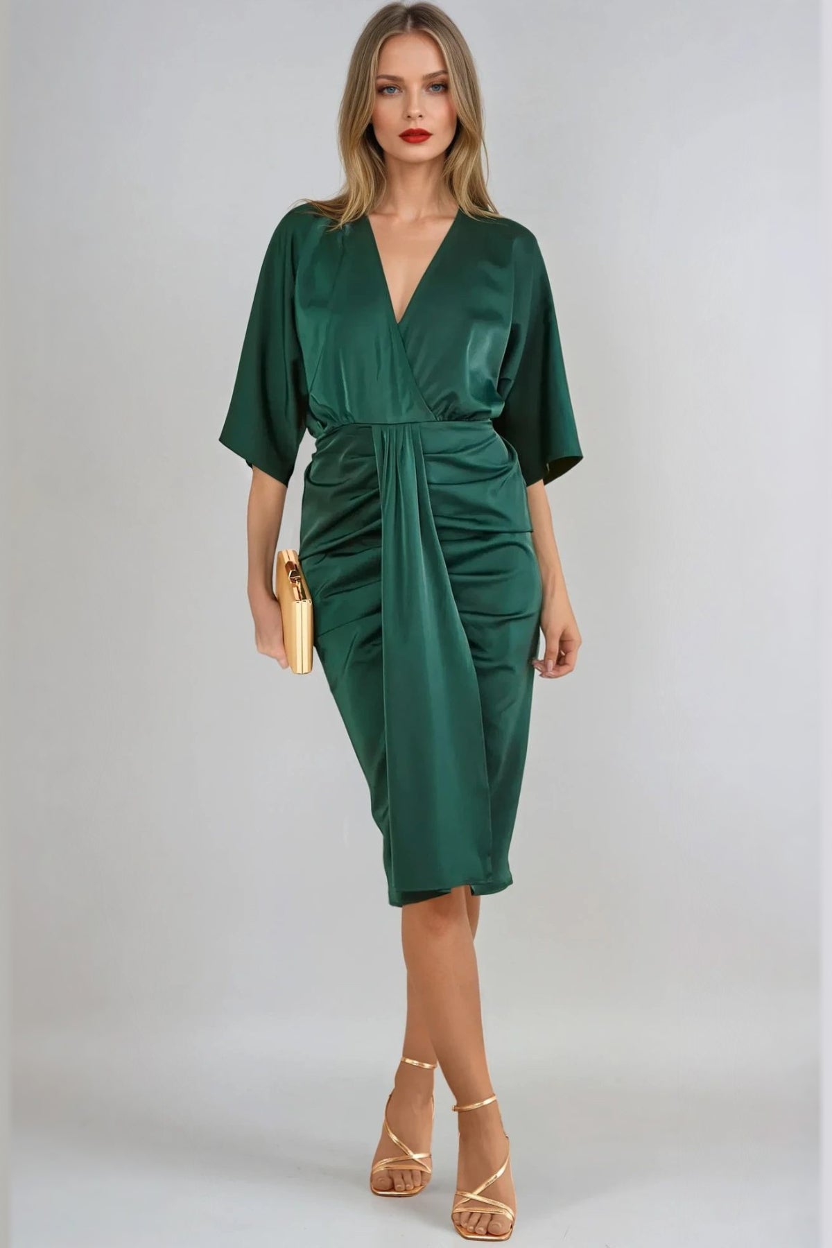 Green Satin Wrap Midi Dress - Lolomo!