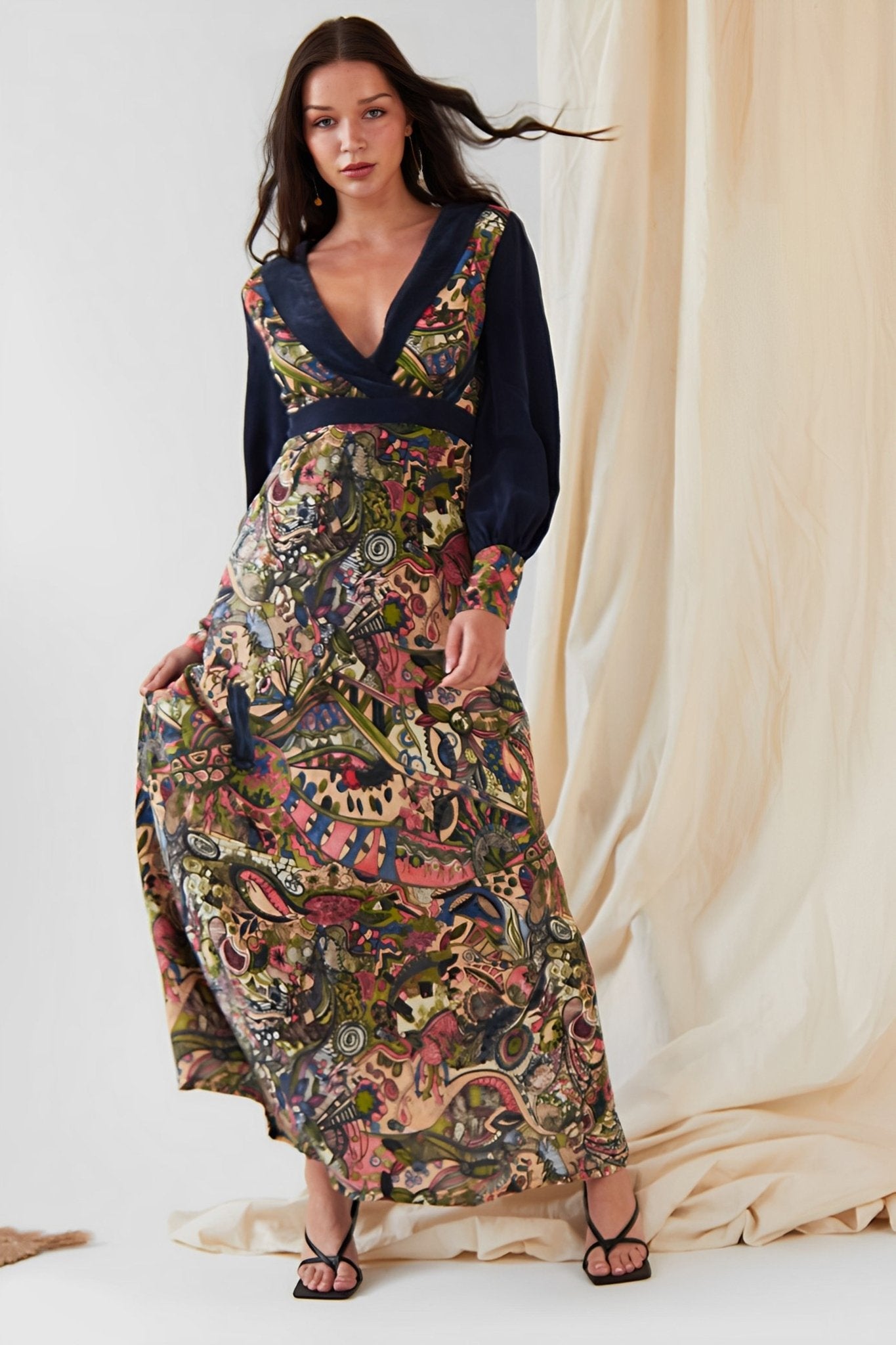 Hand painted Long Sleeve Maxi Dress - Lolomo!
