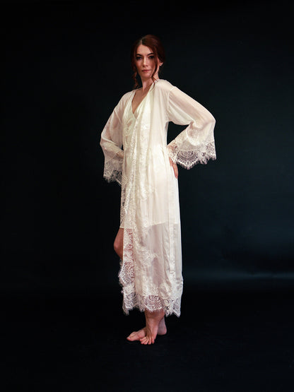 Silky Chiffon Trimmed Lace Long Lingerie Robe with Nightgown