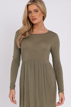 Khaki Long Sleeve Gathered Waist Dress - Lolomo!