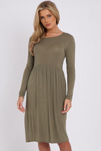 Khaki Long Sleeve Gathered Waist Dress - Lolomo!