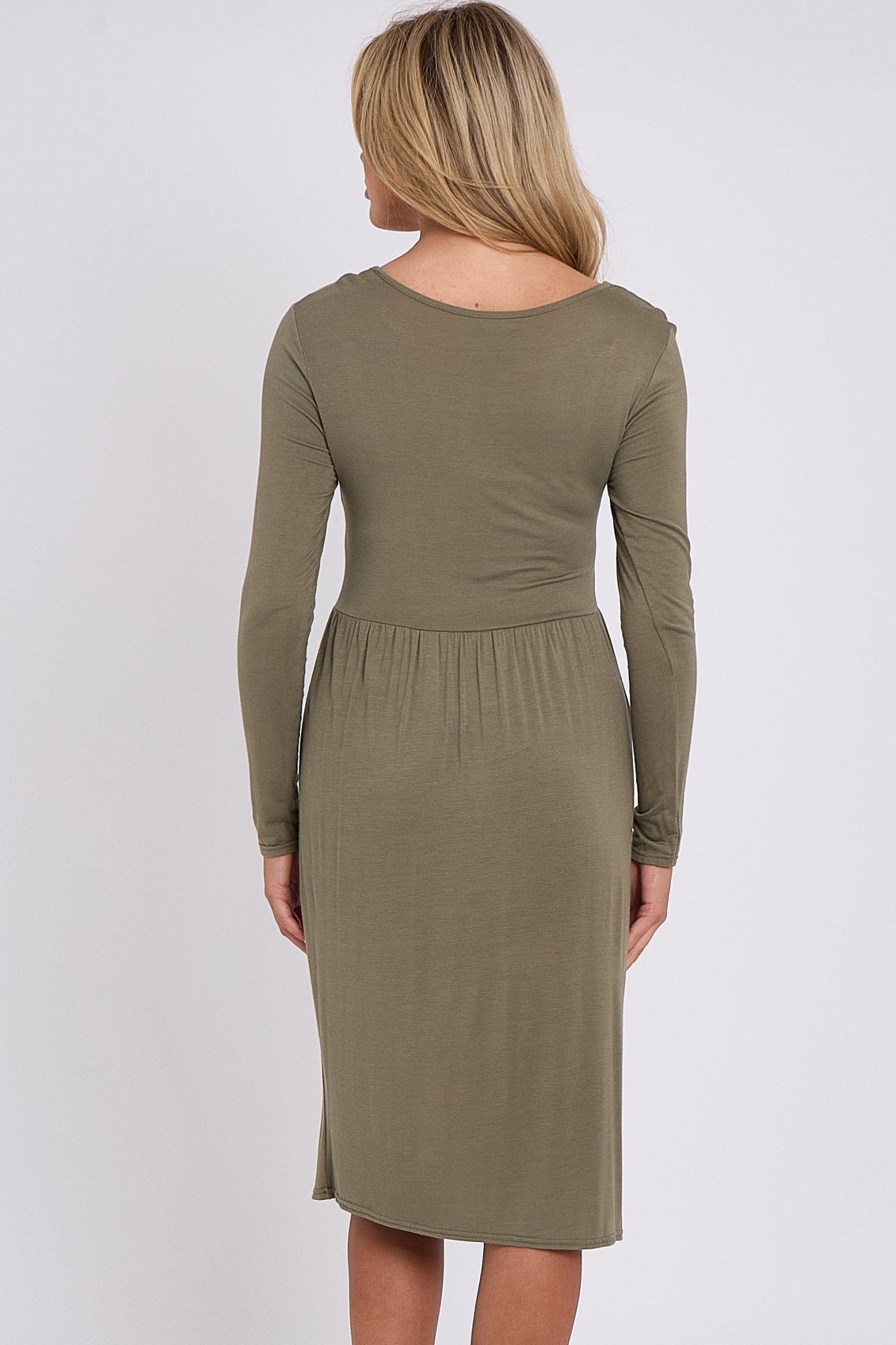 Khaki Long Sleeve Gathered Waist Dress - Lolomo!