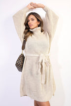 Long Sleeve Ribbed Knit Mini Dress With Belt - Lolomo!
