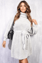 Long Sleeve Ribbed Knit Mini Dress With Belt - Lolomo!