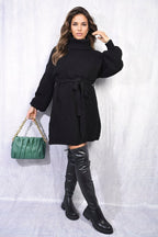 Long Sleeve Ribbed Knit Mini Dress With Belt - Lolomo!