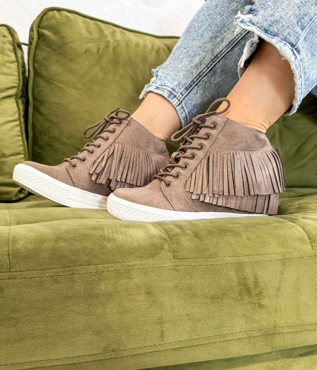 Nick Fringe Sneaker Wedge in Taupe