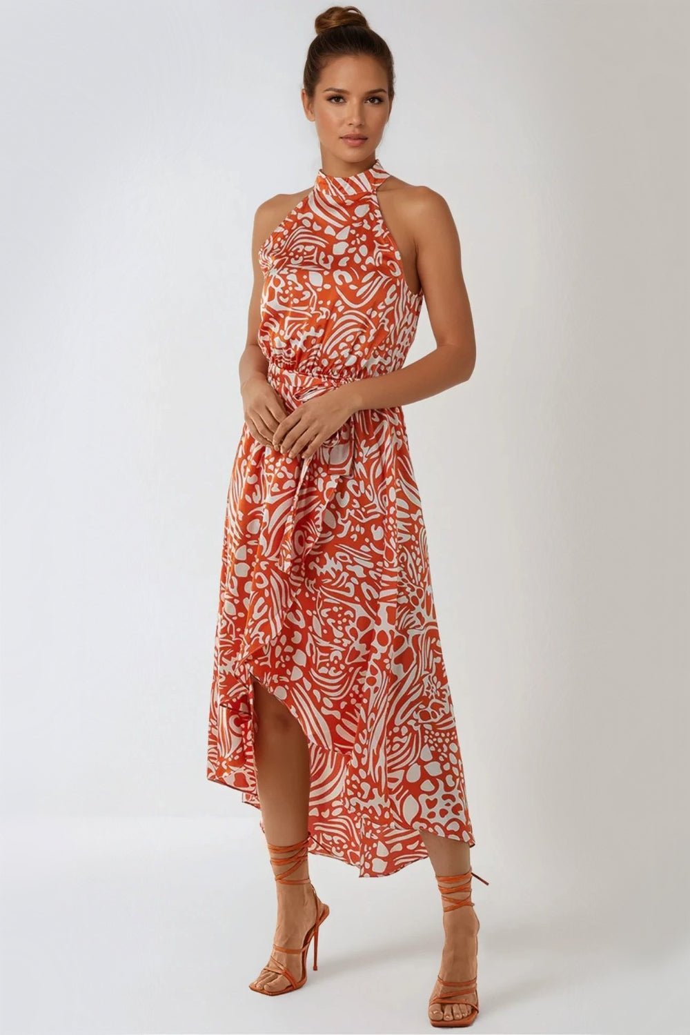 Orange Floral Halterneck Wrap Midi Dress - Lolomo!
