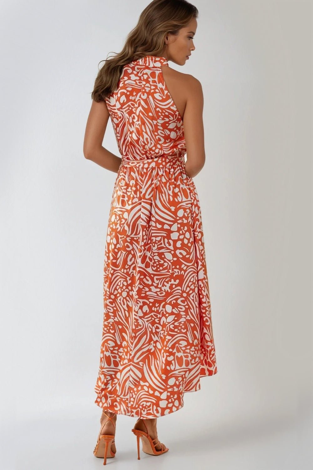 Orange Floral Halterneck Wrap Midi Dress - Lolomo!