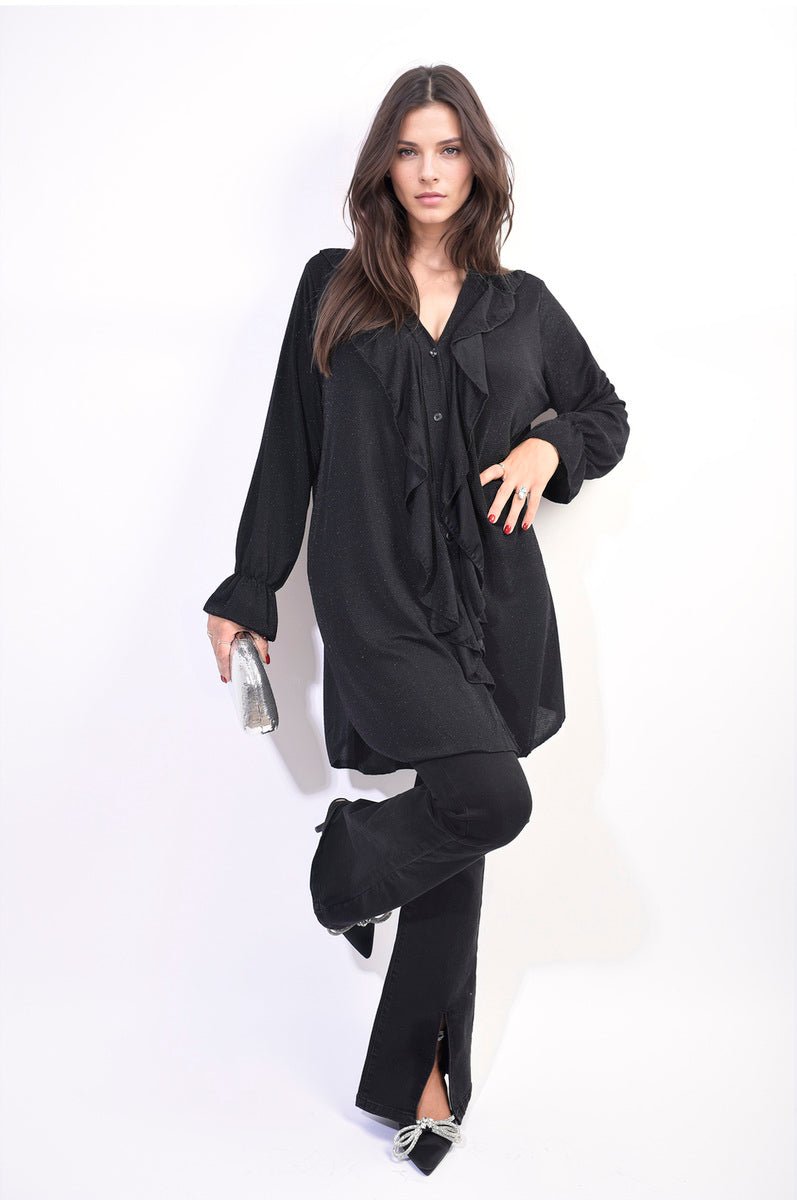 Oversized Satin Ruffle Shirt Dress - Lolomo!