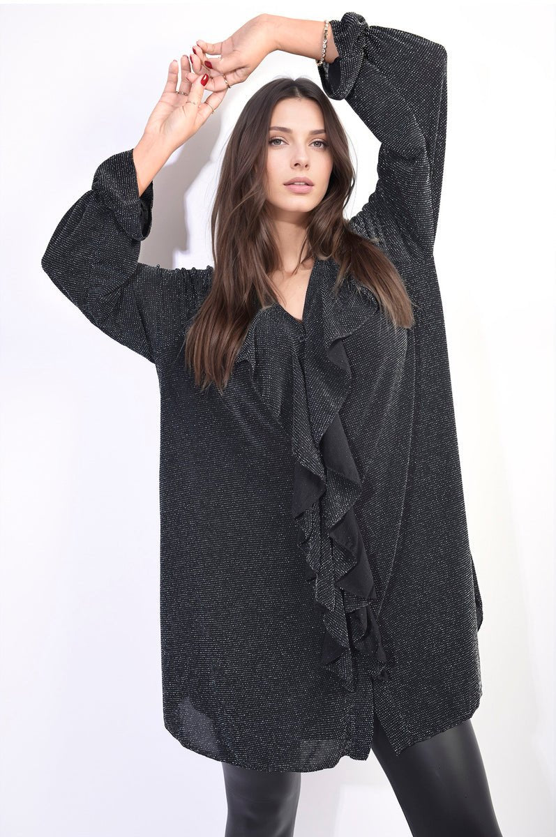 Oversized Satin Ruffle Shirt Dress - Lolomo!