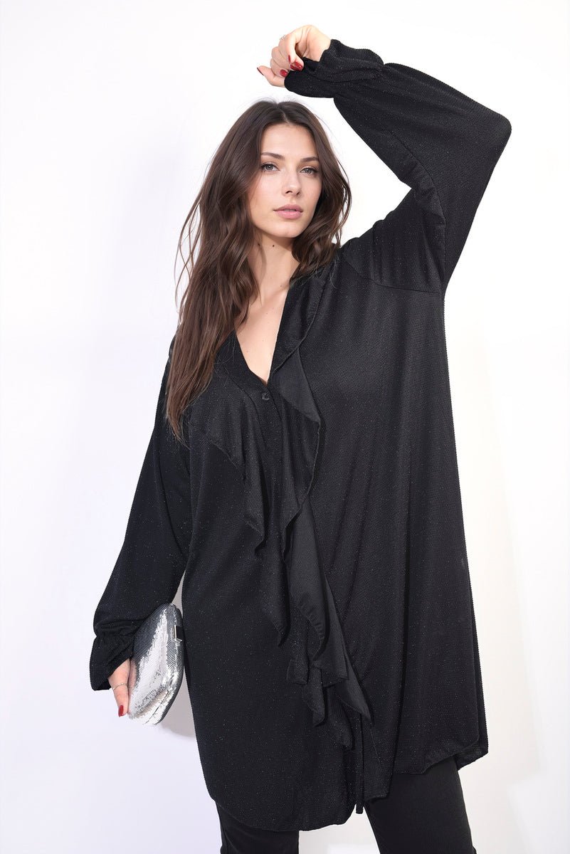 Oversized Satin Ruffle Shirt Dress - Lolomo!