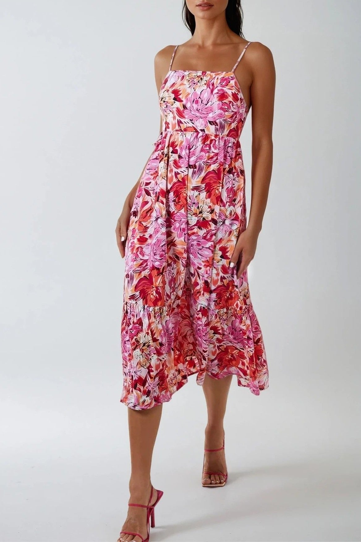 Pink Floral Cami Midi Dress With Cut Out Back - Lolomo!