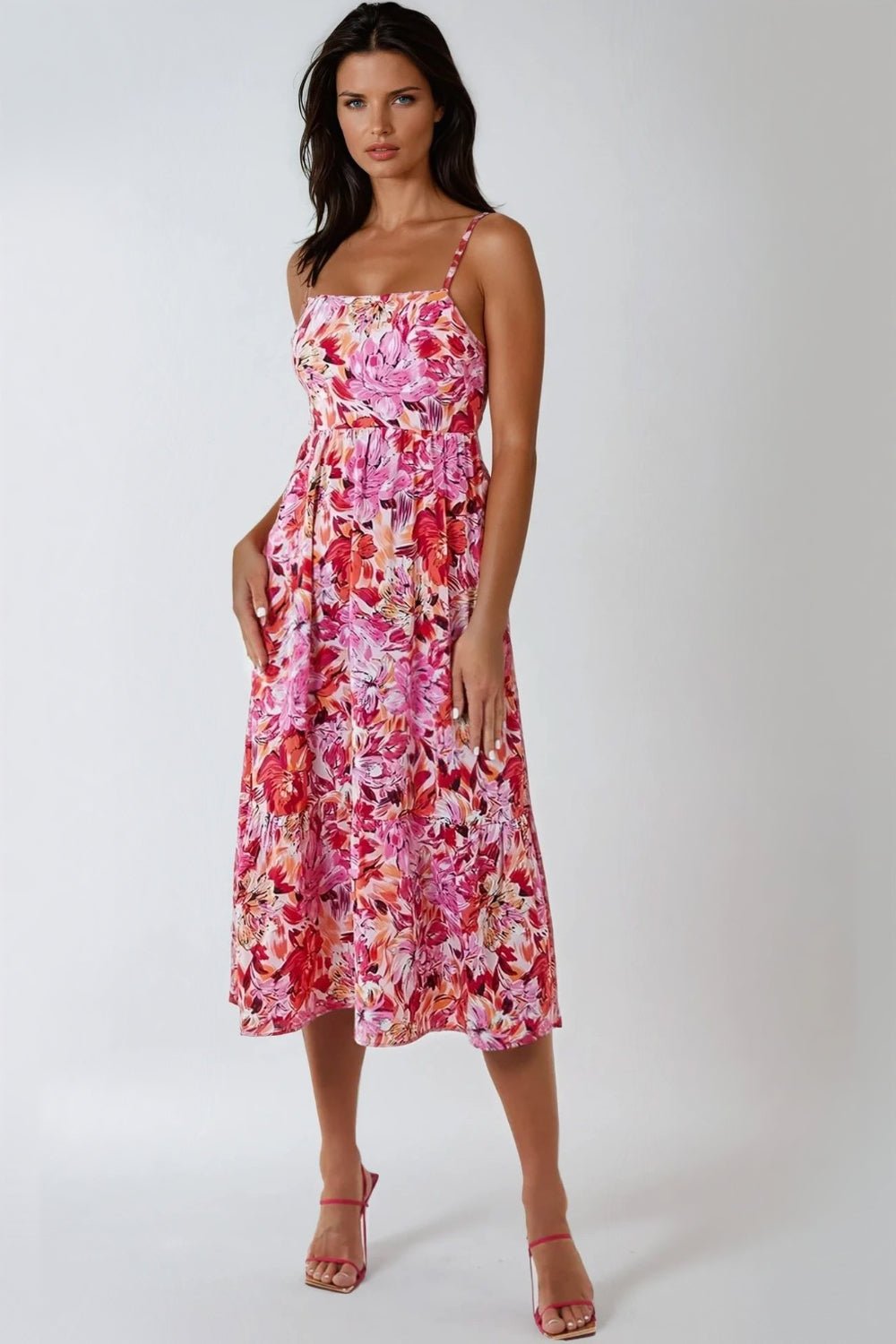Pink Floral Cami Midi Dress With Cut Out Back - Lolomo!