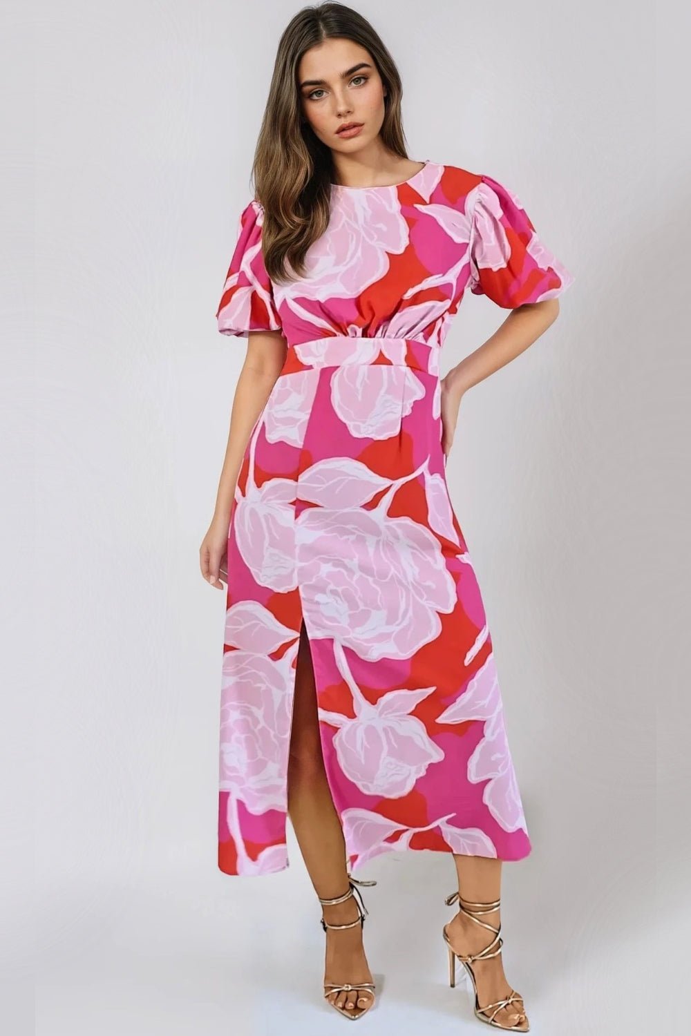 Pink Floral Short Puff Sleeve Midi Dress - Lolomo!