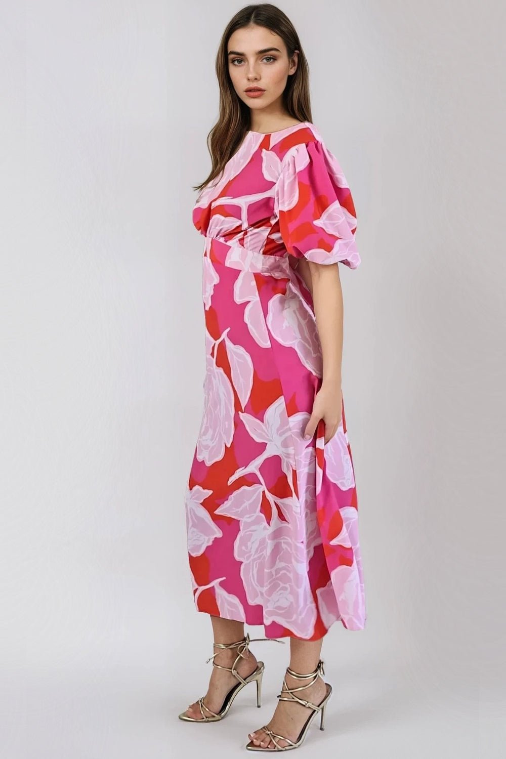 Pink Floral Short Puff Sleeve Midi Dress - Lolomo!