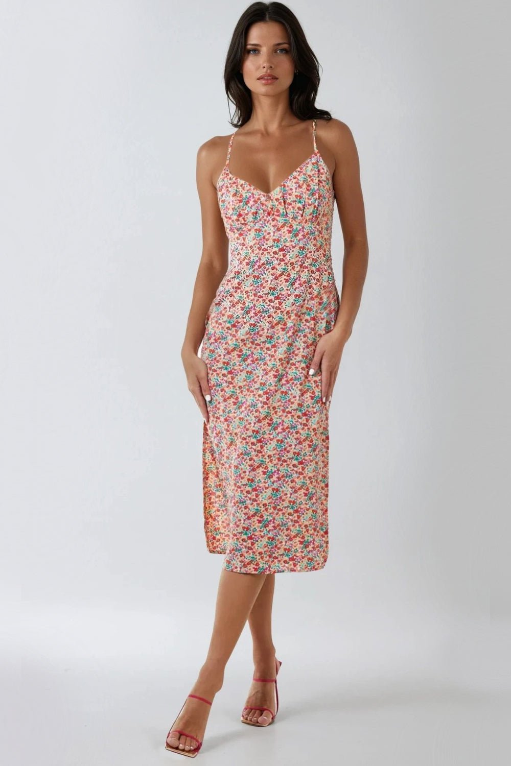 Pink Floral Strappy Midi Dress With Ties - Lolomo!