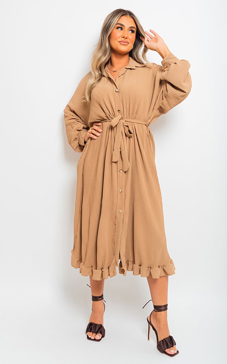 Pleated Frill Button Tie Waist Midi Dress - Lolomo!