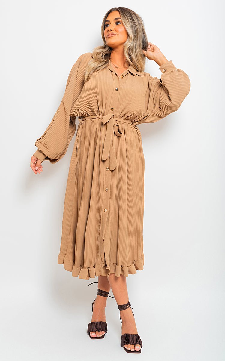 Pleated Frill Button Tie Waist Midi Dress - Lolomo!