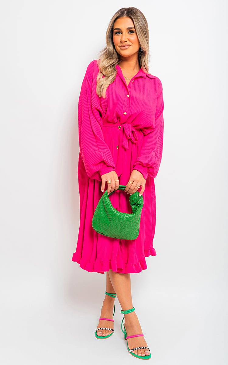 Pleated Frill Button Tie Waist Midi Dress - Lolomo!