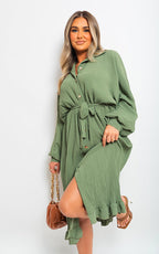 Pleated Frill Button Tie Waist Midi Dress - Lolomo!