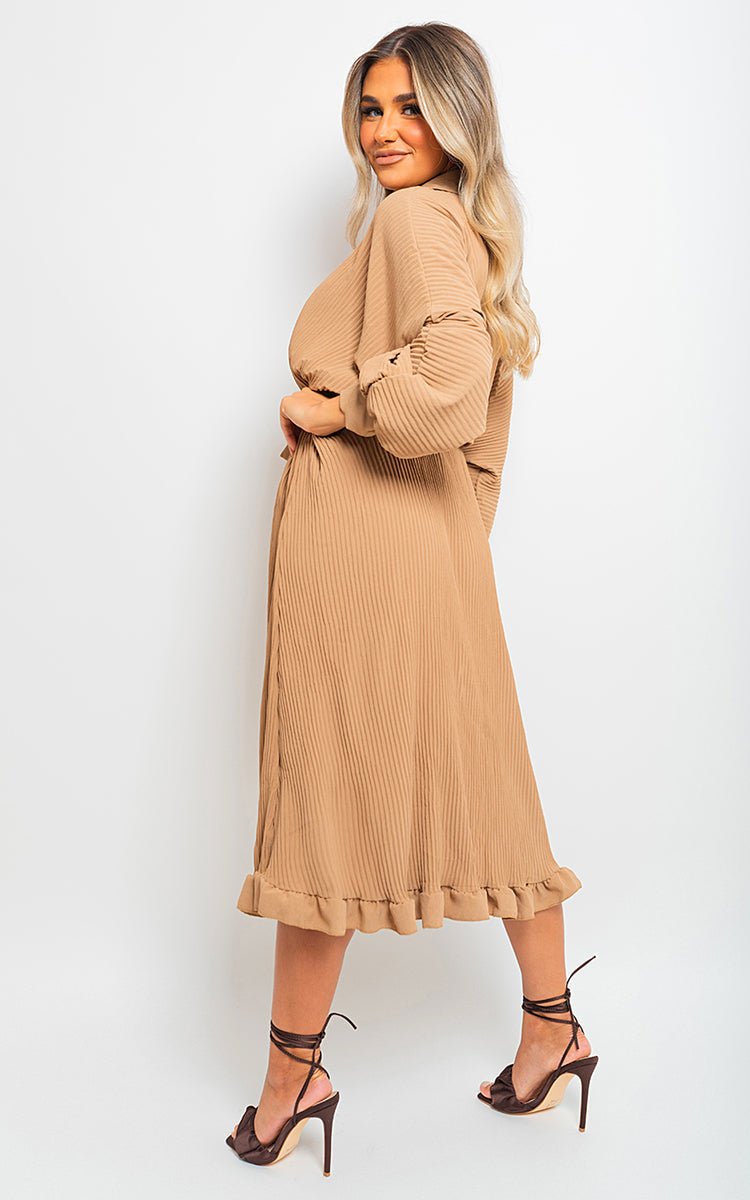 Pleated Frill Button Tie Waist Midi Dress - Lolomo!