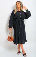 Pleated Frill Button Tie Waist Midi Dress - Lolomo!