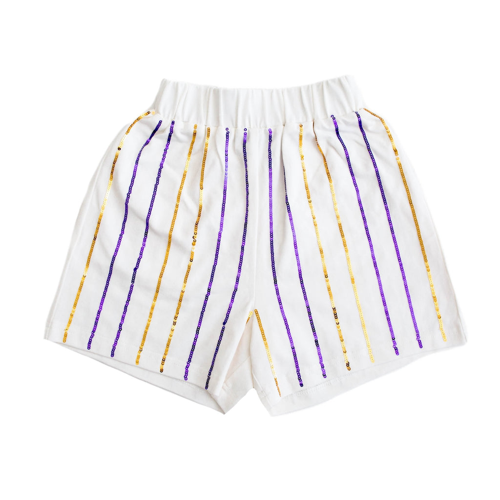 Purple and Gold Sequin Striped Kid Shorts - Lolomo!